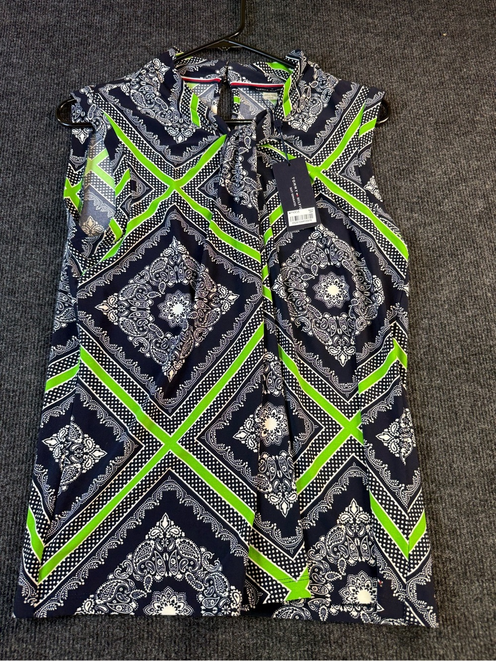 Tommy Hilfiger Navy & Kelly Green Patterned Tie-Neck Women's Top Size L